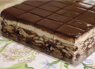 Γλυκό ψυγείου τριών στρώσεων σε στρογγυλή φόρμα: κάτω στρώση μπισκότο, μεσαία λευκή κρέμα και πάνω λαμπερή, σκούρα γκανάζ σοκολάτας