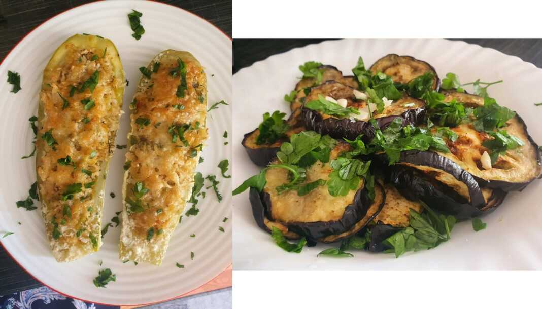 Γεμιστά κολοκυθάκια με ρύζι με ψητη μελιτζάνα