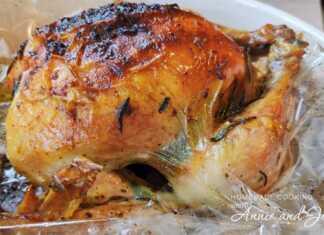 Ολόκληρο ροδοκοκκινισμένο κοτόπουλο μόλις βγει από τη σακούλα ψησίματος περιχυμένο με τους ζωμούς του και φρέσκα μυρωδικά