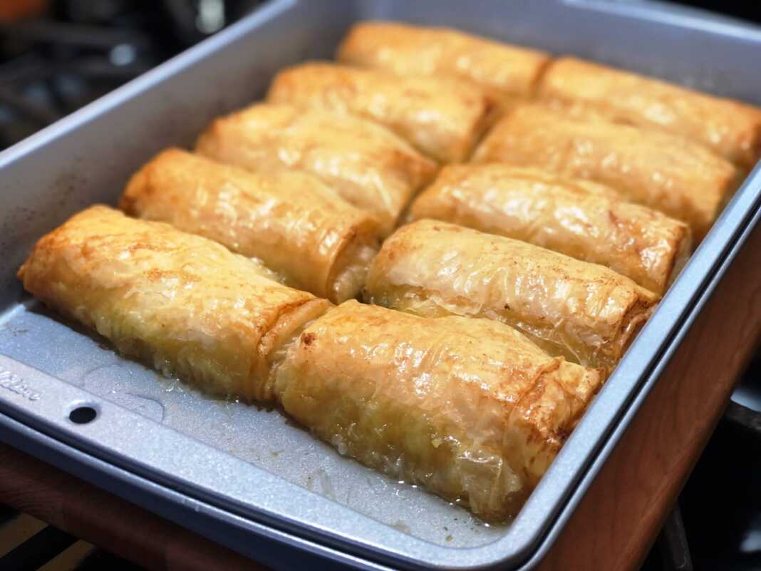 Χρυσαφένια Ρολάκια Γαλακτομπούρεκο, σιροπιαστά και πασπαλισμένα με κανέλα, σερβιρισμένα σε ταψί