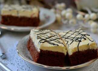 Κέικ με κρέμα γιαουρτιού…Νόστιμο και εύκολο ακόμα και για αρχάριους. Ένα κομμάτι κέικ με μια λευκή, παχιά στρώση κρέμας γιαουρτιού στην κορυφή, σερβιρισμένο σε ένα λευκό πιάτο.