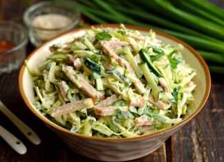 Μια πλούσια πιατέλα με πολύχρωμη σαλάτα από λάχανο, λωρίδες ζαμπόν και φρέσκα μυρωδικά, περιχυμένη με λευκή σάλτσα γιαουρτιού