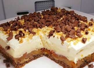 Κέικ μήλου, κρέμα βανίλιας και σαντιγί με κομμάτια σοκολάτας και ψημένα αμύγδαλα...