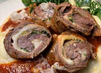 Ρολό μοσχαρίσιο με πουρέ σε σάλτσα ντομάτας.