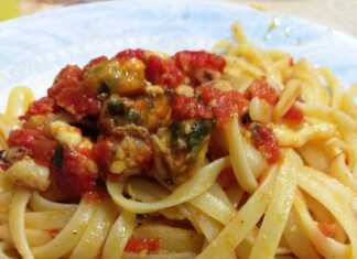 Σπαγγέτι με ξιφία, μελιτζάνες και πιπεριές