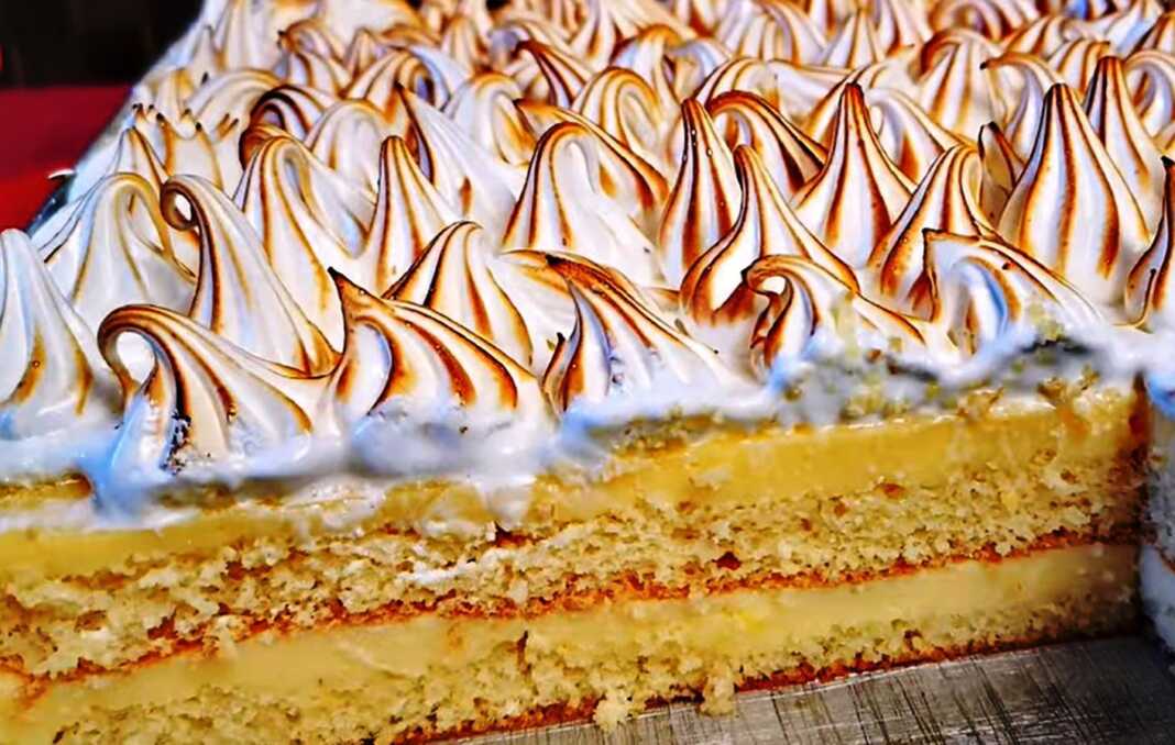 Λεμονόπιτας ταψιού με κίτρινη κρέμα λεμονιού και λευκή καμένη μαρέγκα σε ένα ταψί.