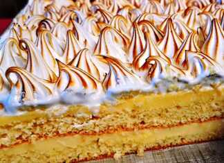 Λεμονόπιτας ταψιού με κίτρινη κρέμα λεμονιού και λευκή καμένη μαρέγκα σε ένα ταψί.