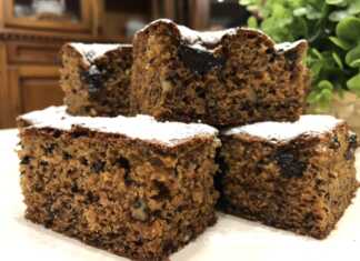 Ένα κομμάτι κέικ με καρύδια και μαρμελάδα δαμάσκηνο πασπαλισμένο με ζάχαρη άχνη.