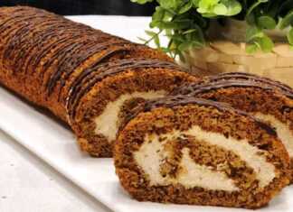 Κέικ σε μορφή ρολού με κρέμα καφέ.