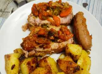 Χοιρινό φιλέτο με κρεμμύδια καρότα σέλινο φρέσκο ​​δεντρολίβανο σκόρδο και κόκκινο κρασί