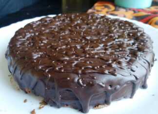 Σοκολατένιο κέικ με μπισκότα, γαρνιρισμένο με λιωμένη σοκολάτα, σερβιρισμένο σε κομμάτι.