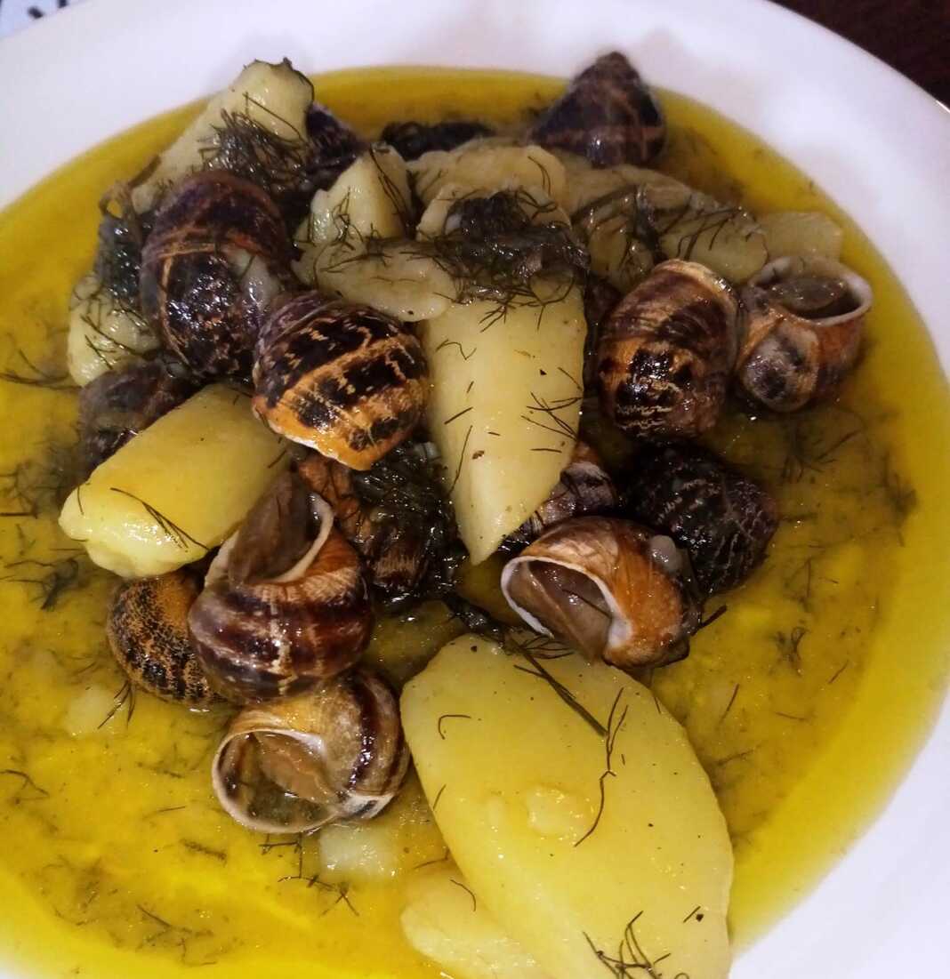 Ζεστοί χοχλιοί με πατάτες και μάραθο σε βαθύ πιάτο, γαρνιρισμένοι με φρέσκα μυρωδικά