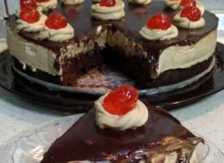 Μια πλούσια πάστα ταψιού με στρώσεις σοκολατένιου παντεσπανιού, κρεμώδους καραμέλας και γυαλιστερού γλάσου σοκολάτας, έτοιμη για σερβίρισμα.