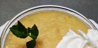 Γρανίτα λευκού ροδάκινου με φρέσκο ​​δυόσμο και σαντιγί