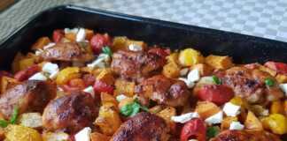 Κοτόπουλο ψητό στο ταψί με γλυκοπατάτες και πιπεριές