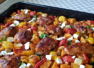 Κοτόπουλο ψητό στο ταψί με γλυκοπατάτες και πιπεριές