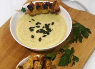 Σούπα κρέμα μπρόκολο! ... με σουβλάκι κοτόπουλου και κρουτόν