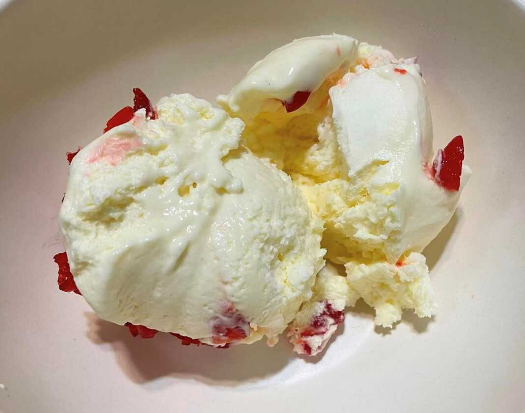 Δύο μπάλες από αφράτο Παγωτό Βανίλια Παρφέ σε μπολ, διακοσμημένες με λοβό βανίλιας