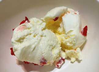 Δύο μπάλες από αφράτο Παγωτό Βανίλια Παρφέ σε μπολ, διακοσμημένες με λοβό βανίλιας