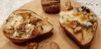 Αχλάδια φούρνου με τυρί, μέλι και καρύδια.