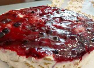 Δροσερό Γιαουρτογλυκό με μπισκότα και κόκκινη μαρμελάδα στην επιφάνεια, έτοιμο για σερβίρισμα