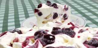 Μια λαχταριστή φέτα από τούρτα παγωτό cheesecake με σάλτσα βύσσινο και θρυμματισμένα μπισκότα.