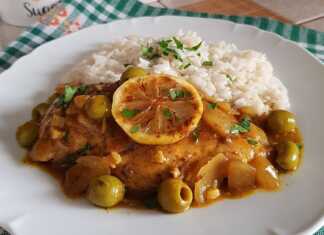 Κοτόπουλο με λεμόνι και ελιές σερβιρισμένο με ρύζι 