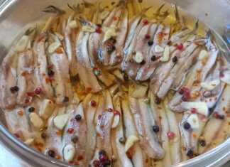 Γαύρος μαρινάτος σπιτικός Φιλέτα γαύρου έτοιμα, στρωμένα με ψιλοκομμένο σκόρδο σε στρώσεις.