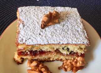 Αφράτο σπιτικό κέικ με ενδιάμεση στρώση μαρμελάδας δαμάσκηνο, πασπαλισμένο με άχνη ζάχαρη σε παραδοσιακό ύφος