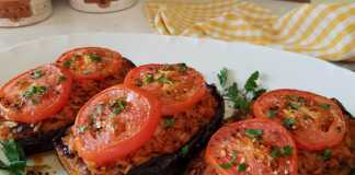 Τηγανητή μελιτζάνα με ρύζι και ντομάτες