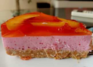 Ένα κομμάτι δροσερού cheesecake με μπισκοτένια βάση, λευκή κρέμα γιαουρτιού και δύο στρώσεις χρωματιστού ζελέ, γαρνιρισμένο με φέτες νεκταρινιού, σερβιρισμένο σε λευκό πιάτο.