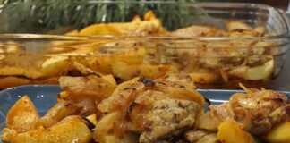 Κοτόπουλο με πατάτες και καραμελωμένα κρεμμύδια