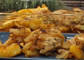 Κοτόπουλο με πατάτες και καραμελωμένα κρεμμύδια
