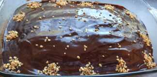 Σοκολατόπιτα, καλυμμένη με λαμπερό γλάσο σοκολάτας, κομμένη σε τετράγωνα κομμάτια.