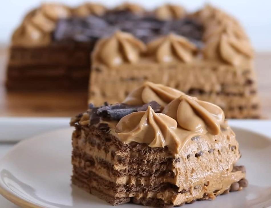 Argentinska-cokoladna-torta Ένα κομμένο κομμάτι από Αργεντίνικο κέικ, με εμφανή στρώματα ή υφή, σερβιρισμένο σε πιάτο.