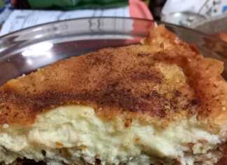 Λαχταριστή Γαλατόπιτα με γέμιση από καρύδι, κομμένη σε κομμάτια, με χρυσαφένια κρούστα.