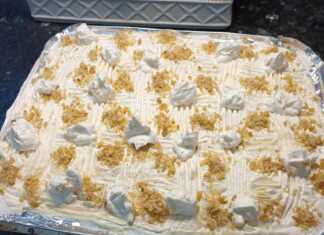 Ένα κομμάτι από ραβανί με στρώσεις κρέμας βανίλιας και σαντιγί, πασπαλισμένο με καρύδι.