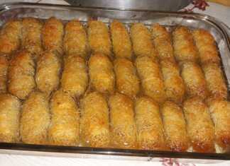 Το τελικό **Κανταΐφι με Καρύδια** σιροπιασμένο και πασπαλισμένο με τριμμένο καρύδ