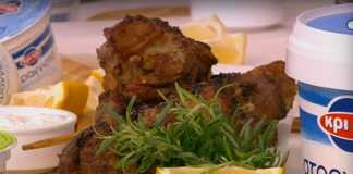 κοντοσούβλι με τηγανητές πατάτες