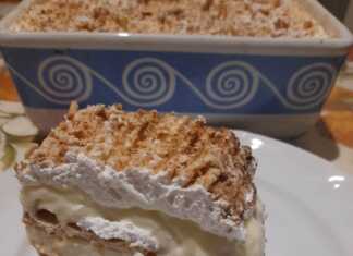 Δροσερό μιλφέιγ με μπισκότα κράκερς, σερβιρισμένο σε κομμάτια, με πλούσια κρέμα και σαντιγί.