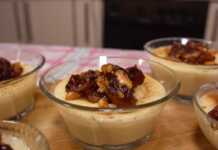 ρυζόγαλο, μήλο, καρύδι, καραμέλα, κρεμώδες, καλαμποκάλευρο, επιδόρπιο, κανέλα