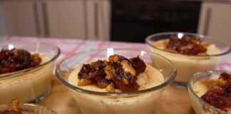 ρυζόγαλο, μήλο, καρύδι, καραμέλα, κρεμώδες, καλαμποκάλευρο, επιδόρπιο, κανέλα