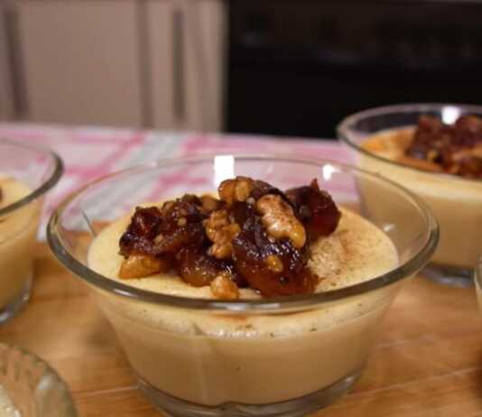 ρυζόγαλο, μήλο, καρύδι, καραμέλα, κρεμώδες, καλαμποκάλευρο, επιδόρπιο, κανέλα