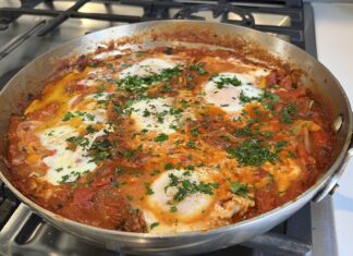 Παραδοσιακό τηγάνι με shakshuka που περιέχει μελάτα αυγά σε κόκκινη σάλτσα ντομάτας με πιπεριές και φρέσκο μαϊντανό