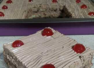 Δύο στρώσεις σοκολατένιου γλυκού Σεράνο με σαβαγιάρ, σε τετράγωνο ταψί, διακοσμημένο με τρίμματα σοκολάτας.