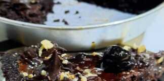 Μια φέτα από τάρτα σοκολάτας με πλούσια καφέ κρέμα, βάση παντεσπανιού και γαρνιρισμένη με λαμπερά κόκκινα βύσσινα.