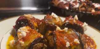 ρολάκια μελιτζάνας με κεφτεδάκια