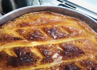 Παραδοσιακό γαλακτομπούρεκο Καλύμνου κομμένο σε τετράγωνα κομμάτια, με χρυσαφένιο τραγανό φύλλο και πλούσια κρέμα να ξεπροβάλλει