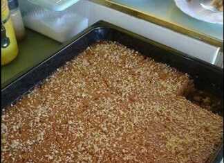 Κομμάτια σιροπιαστού κέικ με καρύδια, πασπαλισμένα με επιπλέον τριμμένο καρύδι.