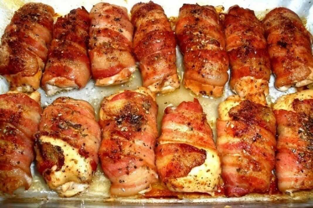 ρολάκια κοτόπουλου με τυρί κρέμα σε μπέικον